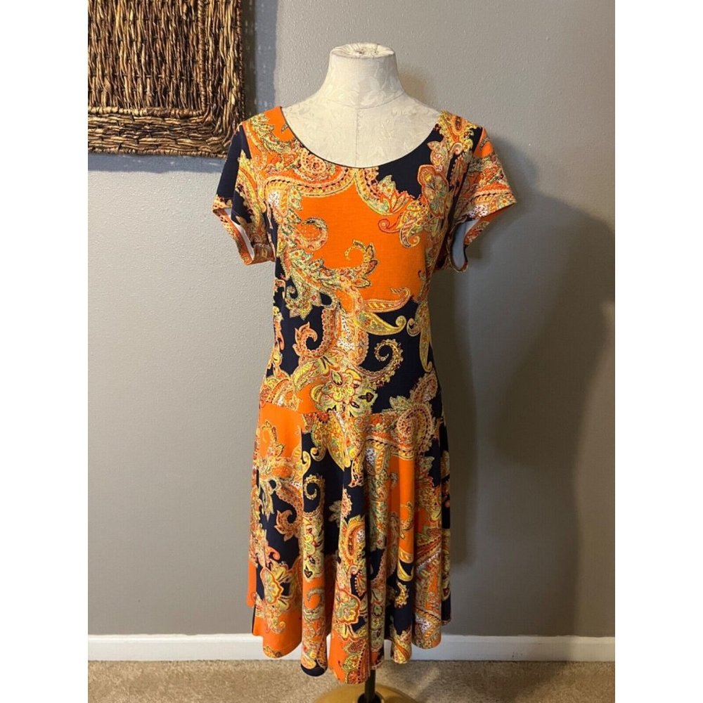 Ralph Lauren Midi Dress XL Extra Large A Line Paisley Short Sleeve Washable - Picture 9 of 11